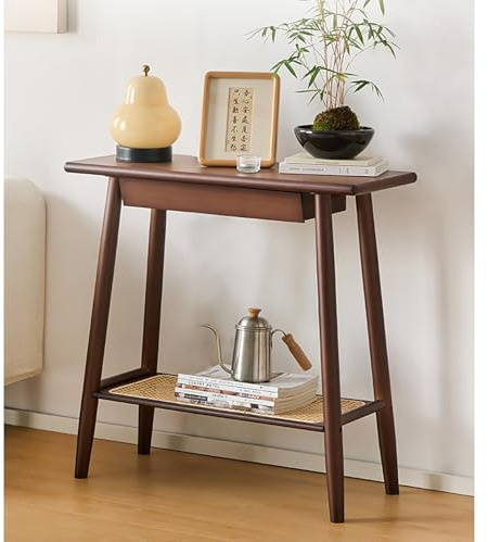 Table console d'entrée en bambou avec tiroir et étagère en rotin, table d'appoint étroite pour couloir, salon et bureau