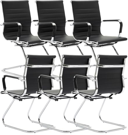 chairus Freischwinger Stühle 6er Set PU-Leder Konferenzstuhl Schwarz | Besucherstuhl Ergonomischer mit Armlehnen, Moderner Schwingstuhl mit Chromgestell, Bürostühle Konferenz-Raum/Wartezimmer/Büro
