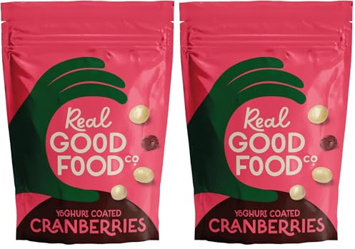 Real Good Food Co Yoghurt Coated Cranberries 150g Bag - Chocolate Coated Nuts, Nibbles and Snacks! Yoghurt Coated Cranberries - Luxury Snack (Pack of 2)