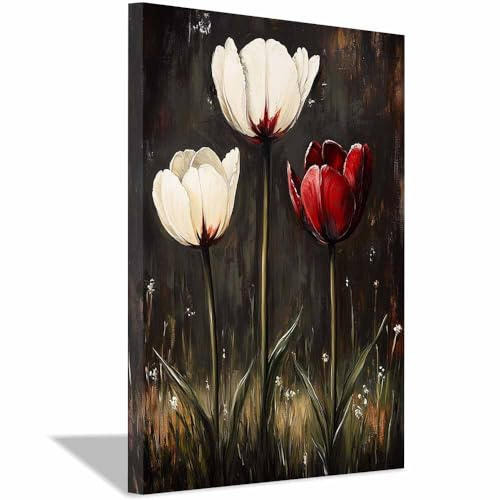 ZAMAEIU Blumen Bilder Tulpen wandbilder modern, Für Badezimmer, Wohnzimmer, Schlafzimmer, Büro.(schwarz01)-60x90cm Gerahmt