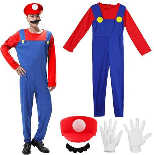 YeahBoom Rot Blau Kostüm Set,4 Stück Kostüme mit Mütze Bart Handschuhe,Einfarbig Cosplay Kostüme,Männer Damen Erwachsene Outfit für Weihnachten Karneval Cosplay Faschingskostüme
