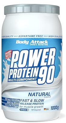 Body Attack POWER PROTEIN 90 - Neutral - 1kg Dose - Mehrkomponenten Protein Pulver, Made in Germany - Mit BCAA, Vitaminen & L-Carnitin - Protein Shake extra cremiger Geschmack, gute Löslichkeit