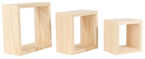Core Products 3 Piece Pine Wood Cube Wall Shelves, Floating Box Display Shelves for Living Room, Bedroom, Bathroom & Home Decor, Rustic Square Storage Shelving Set