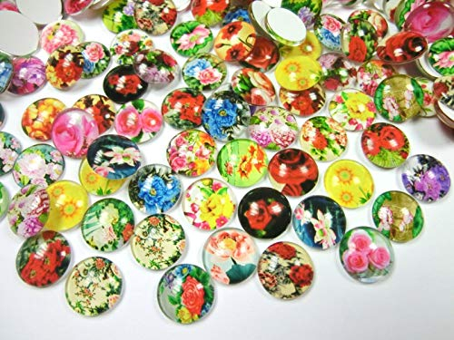 50 Glas Cabochons 12mm Motiv Blume 12x4mm Glascabochons rund flach (Blume #101)