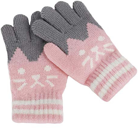 Gants Enfant Hiver Fille Gants Magiques à Motif antidérapant Moufles Filles 5-Doigts Gants Thermiques Hiver en Laine tricotée Modèle de Chat pour Enfants 3-8 Ans (Rose)