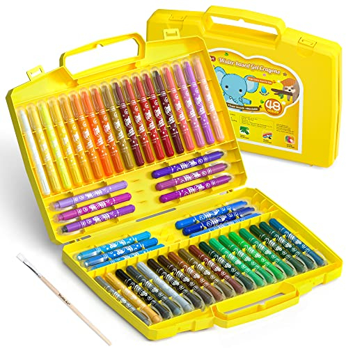 48 farbige Gelmalstifte für Kleinkinder, rotierende Shuttle Art Wachsmalstifte mit 1 Pinsel, zusammenklappbarer Schachtel, für Papier, Glas zur Verwendung, für Kleinkinder, Kinder und Schüler geeignet