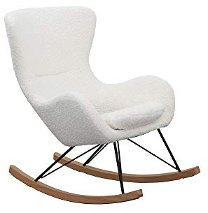 SalesFever Schaukelstuhl SKAL | Bezug Teddyfell in Weiß | Kufen Massiv-Holz | Gestell Metall schwarz | Rocking-Chair im skandinavischen Design