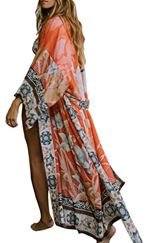 LikeJump Women's Long Floral Kimono Dressing Gown Beach Bikini Cover-Ups Maxi Dress Plus Size Summer Robe