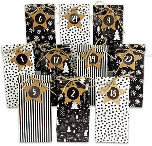 Papierdrachen Adventskalender zum Befüllen - 24 Bedruckte Geschenktüten und 24 Zahlenaufkleber und Klammern - Motiv Schwarz Weiß - zum Basteln und Verschenken - Weihnachten