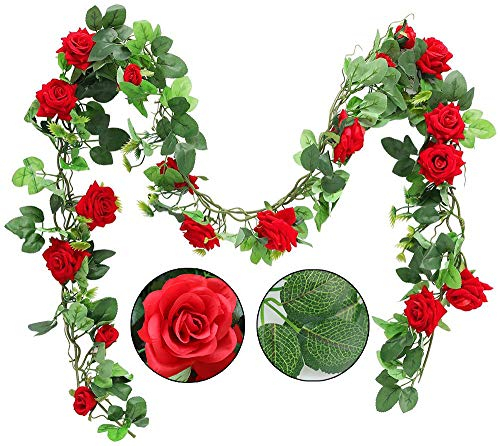 Shiwaki 2PCS 95cm/37inch Artificial Rose Flower Garland Hanging Greenery Vine Silk Floral Vine Home Wedding Arch Wall Craft Arrangement Decorations,Pack of 2 (RED Rose)