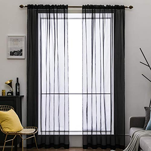 MIULEE Voile Vorhang Transparente Gardine aus Voile Einfarbig Stangendurchzug Transparent Wohnzimmer Luftig Dekoschal für Schlafzimmer 2er Set 160 x 140cm (H x B), Rod Pocket Schwarz