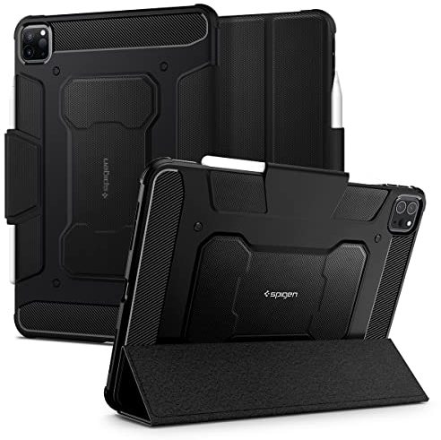 Spigen Rugged Armor Pro Hülle Kompatibel Mit iPad Pro 12.9 Zoll Generation 6 2022 | 5 2021 mit Apple Pencil (2. Gen) Halter - Schwarz