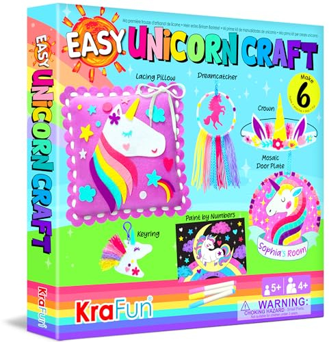KRAFUN Mein erstes Einhorn-Bastelset Art & Craft für junge Kinder, Anfänger, enthält 6 Tierprojekte, Anleitungen und Filz, Papiermaterialien zum Schnüren, Nähen, Färben, Traumfänger, Mosaik-Anhänger