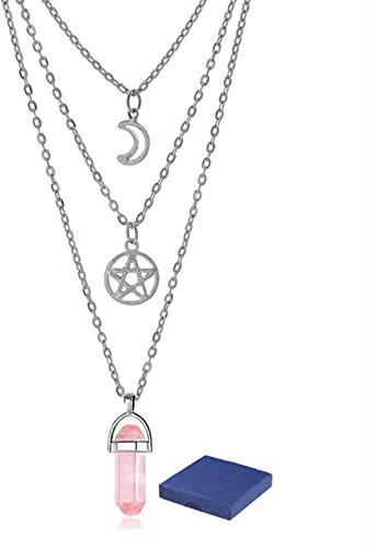MEITREND Moon Pentagram Necklace for Women Pentacle Crystal Chakra Necklace Multi Layer Necklace Gothic Charm Pendant Jewelry for Women Girl Christmas Mothers Valentine's Day Gift (Rose Quartz)