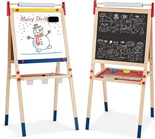 LIFEZEAL Kinder Tafel, doppelseitig Kinder Staffelei, Spielzeug Zeichnen mit Kreidetafel, Spieltafel Staffelei aus Holz, Schreibtafel 52,5 x 51,5 x 106,5cm (4)