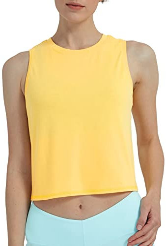 sissycos Damen Sport Crop Tank Top Ärmellos, Sanft Kurze Racerback Shirt Rundem Ausschnitt für Fitness Yoga Beiläufig(Dottergelb,M)