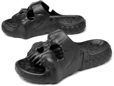 Asifn Skull Slides Zapatillas de Ducha para Mujeres Sandalias Interiores para Hombres Eva Gruesas y Suaves con los Dedos Abiertos Sandalias de Piscina de Playa Interior y Exterior （Negro,46/47 EU
