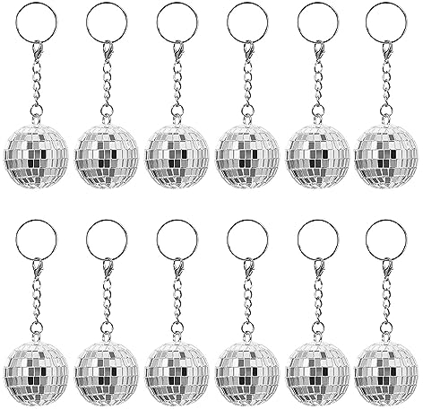 12 Piece Silver Mirror Disco Flash Ball Keychain Hanging Ornament for 70s 80s Themed Party Wedding Halloween Christmas Decorations