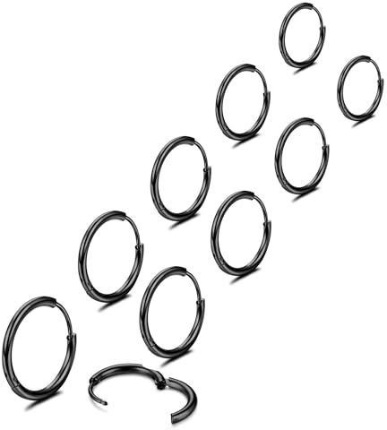 KRFY Kleine Creolen Ohrringe Schwarz Damen Herren Chirurgenstahl Knorpel Huggie Ohrringe Set Snug Lobe Nase Lippen Daith Helix Piercing Schmuck Winzige Scharnier Schläfer Creolen 6/7/8/9/10MM
