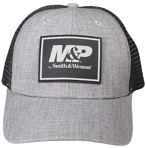M&P by Smith & Wesson Offiziell lizenzierte graue Trucker-Mütze für Herren – verstellbare schwarze Mesh-Baseballkappe mit Druckknopfverschluss, geschweißtes 3D-Logo aus Gummi, Grau, Einheitsgröße