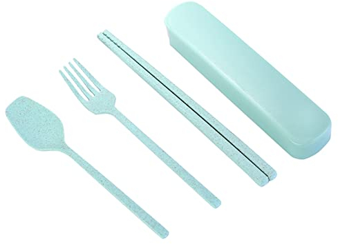 Reiseutensilien-Set mit Etui, Weizenstroh, Tragbares Messer, Gabel, Löffel, Geschirr, Tragbares Besteck, Reise, Picknick, Camping
