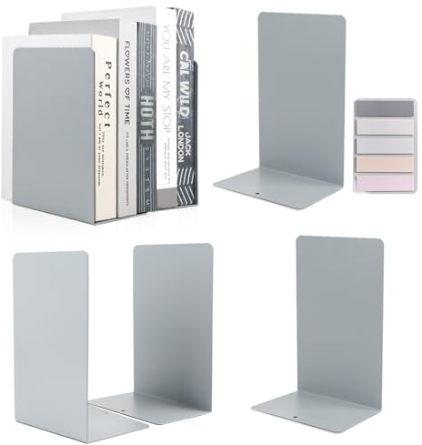 SWAWIS 6 Stück Bücherstütze Buchstützen Bücherhalter Metall Bücherstütze 20,5 x 9,5 x 13,5 cm Buchhalter Regal mit Rutschfester Matte Hochwertiges Bücherstützen, Grau
