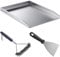 valuents Plancha – Plancha Placa de Acero Inoxidable – 40 x 30 cm – Adecuado para barbacoa de gas y barbacoa de carbón + Plus: cepillo y espátula para barbacoa, GP-BBQ-400
