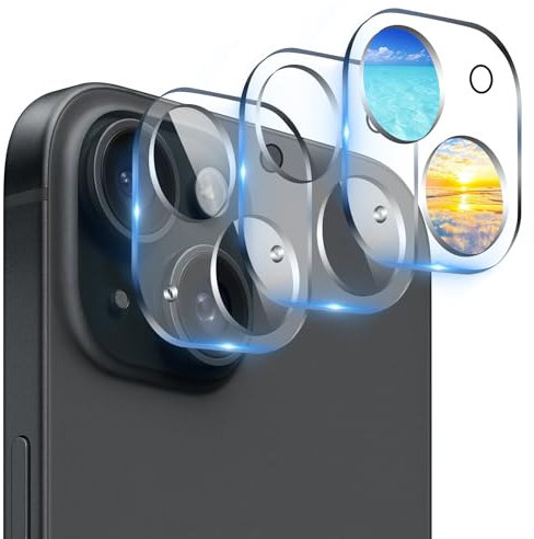 AIYEEN Proteggi Obiettivo Fotocamera (Confezione da 3) Compatibile con iPhone 15 e iPhone 15 Plus Protezione Copri Obiettivo Fotocamera, Vetro Temperato 9H, HD Trasparente Anti-Graffio