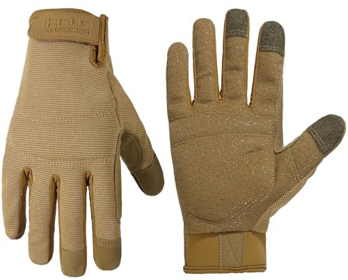 HANDLANDY Mens Utility Safety Work Gloves with Grip, Padded Touchscreen Working Gloves for Mechanics, Construction, Driving, Warehouse, Tool Handling (M, Khaki)