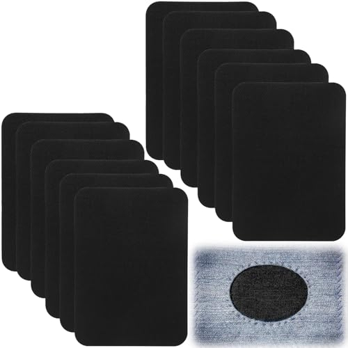 OUZHOU Iron On Patches, 12 Pcs Denim Repair Iron On Patches for Clothing, 100% Cotton Fabric Black Jean Patches Inside & Outside Strongest Glue Repair Kit for Jacket Jeans and Clothing Repair