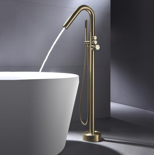 Mitigeur Baignoire Ilot Robinet de Baignoire Monotrou Rotatif 360° Sur Pied,Or Brossé