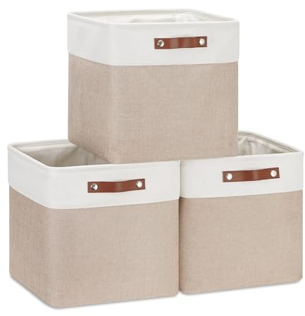 VIIHTYISA Aufbewahrungsbox Stoff 30x30x30cm, 3er-Set Würfel-Aufbewahrungskörbe für Schrank, Regal, und Kleidung, Khaki&Weiß