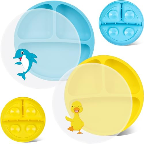 Baseola Silicone assiette ventouse pour bébé, et couvercle split skateboard pour bébés et tout-petits, sans BPA, lave-vaisselle et micro-ondes, solid baby board, 2 pièces (Jaune, bleu)