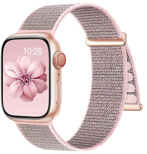 Upeak Bracelet Nylon Compatible avec Apple Watch Bracelet 40mm 41mm 38mm 42mm(Series 10), Sport Bracelet de Remplacement pour iWatch SE Series 10/9/8/7/6/5/4/3/2/1, 38/40/41/42mm(S10)-Rose Sable