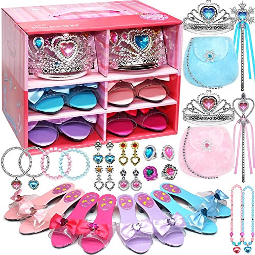 Scarpe Giocattolo Principessa Bambina, 4 Paia e 2 Set di Gioielli da Boutique, Regalo di Compleanno e Natale per Bambine da 3 a 6 Anni
