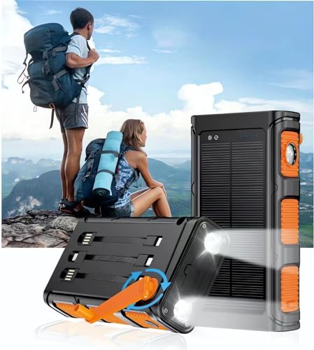 XITAIAN Solar Power Bank with Hand Crank, 3 Built-in Charging Cables / Compass / Double Headlight, 20000 mAh Fast Charging Capacity for Laptops