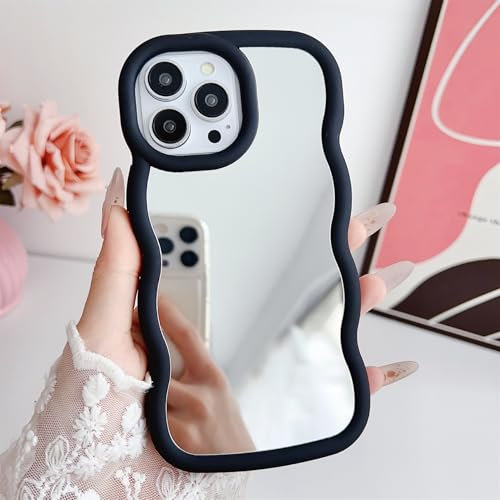 Tybiky Kompatibel mit iPhone 13 Curly Wave Mirror Handyhülle Niedliche Lockige Wellen Rahmenform Spiegel Makeup Hülle Weiche Stoßfest Silikon Schutzhülle für Lovely Style Frauen Mädchen,Schwarz