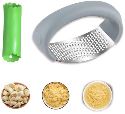 Xiujuers Ecrase Ail Manuel, Presse Ail Inox avec Silicone Epluche Ail, Presse-ail à Bascule en Acier Inoxydable, Garlic Press Rocker Crusher, Presse-Ail en Acier Inoxydable, Convient Hacher l'Ail