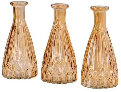 Lot de 3 vases en verre ambré orange - Hauteur : 15 cm - Décoration de table - Vintage - Motif cristal