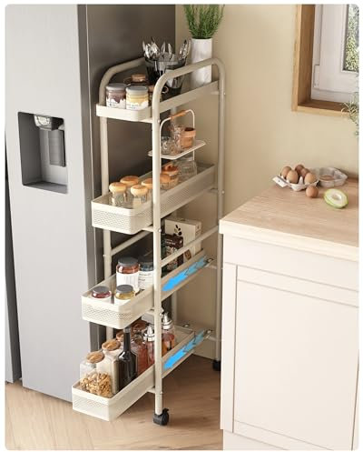 UMDONX Premium Metal Storage Trolley Pull out Drawers Narrow 4 Tier, Vegetable Fruit Rack Kitchen Organiser Spice Cart, Slim Shelving Unit with Universal Lockable Wheels - White