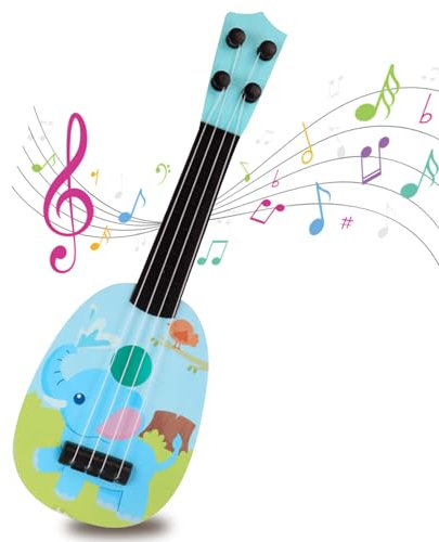 Gitarre Kinder, 36cm Gitarre Ukulele Musikspielzeug Ukulele Instrument mit 4 Verstellbaren Saiten, Mini Gitarre Musik Lernspielzeug Für Kleinkinder Anfänger Jungen Mädchen Geschenk (Blauer Elefant)