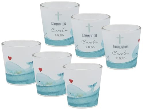 Windlicht Votiv Banderole Wal Papierboot Blau Kommunion Konfirmation Tischdeko PERSONALISIERT 7,5cm H, Menge:6 Stück