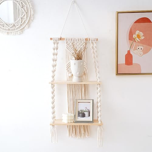 Makramee Wandregal 2 Etagen, Handgemachtes Boho Wandregal aus Holz, Balkon Hängeregal Wandbehang Deko für Badezimmer, Schlafzimmer, Wohnzimmer, Küche, Home, Beige.