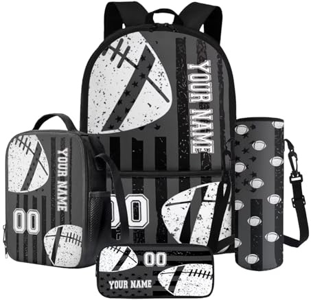 Poceacles Personalized School Backpack Set for Kids, Custom Name and Number, 4-Piece Set with Lunch Bag, Athletic Design Rucksack, Pencil Case, Bottle Carrier, Grey American Flag Gridiron Football