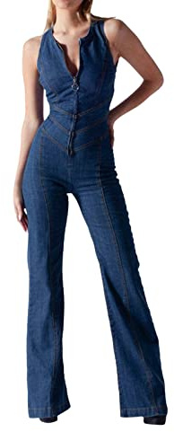 Denim Jumpsuit For Women | Sexy Slim Fit Zipper Sleeveless V-Neck High Waist Fashion Jean Pants Rompers Women'S Flared Leg Pants Romper Halter Tank Top Denim Catsuit Maxi Overall