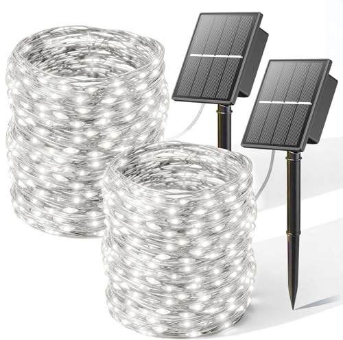 SOLARBABY 2 Pezzi Luci Solari Esterno,2 x 22m Totale 400 LED Filo di Rame Catena Luminosa Esterno Solare,8 Modalità Impermeabili Luci Solari da Giardino Decorative per Natale Albero Patio,Bianco