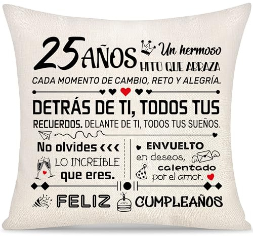 25 Años Cumpleaños Funda de Cojín Regalo para Mujer Hombre Hija Hijo Hermana Hermano Nieta Sobrina Amigas Amigos Regalos del Inspirador 25 Años Feliz Cumpleaños Regalos Funda de Almohada (25)