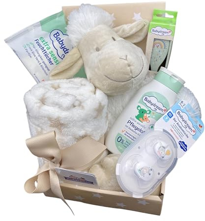 GeschenkSet mit Personalisierung, Babydecke, Beige/Weiss, SCHAF Set S | Bürste und Kamm mit Name, Plüsch Stofftier, weitere Extras, Geschenk zur Taufe, Geburt, Babyparty, Geburts
