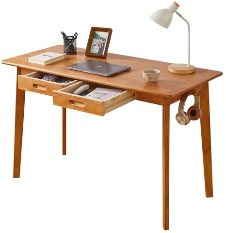 Aibiju Wooden Computer Desk with Drawer and Hanging Rod, Modern Minimalist Style PC Laptop Computer Workbench with Solid Wood, 47 Home Office Work Table, Cherry Wood Color YD-WD03N