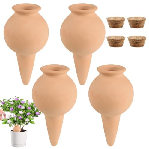EXLECO 4pcs Conos de Riego Automático de Arcilla 100ml, Sistema Riego Terracota Dispositivo de Irrigación Automático en Vacaciones Dispensador de Agua para Plantas en Maceta Interior y Exterior